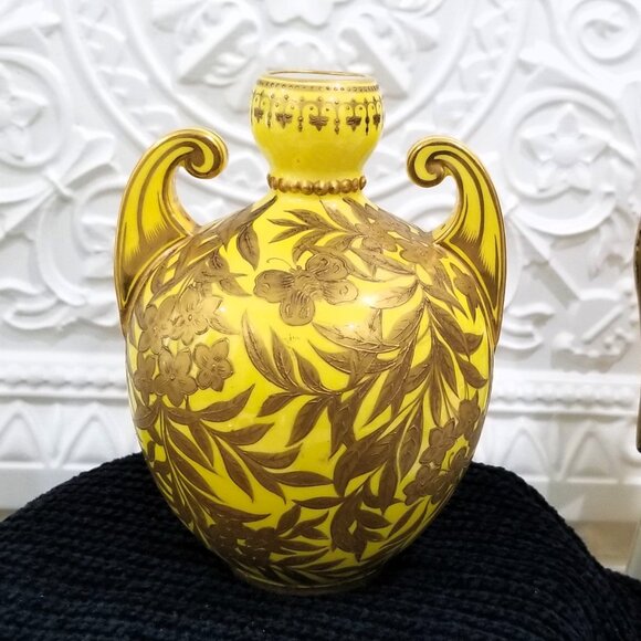 1884 Royal Crown Derby Canary Yellow Gold Gilt Vase Butterfly Leaves Victorian